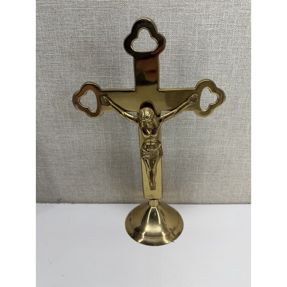 Vintage Brass Crucifix Standing Cross Jesus Religious Altar Decor 11"
